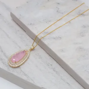COLAR GOTA COM ZIRCÔNIAS E PEDRA ROSA CLARO G BANHO OURO 18K