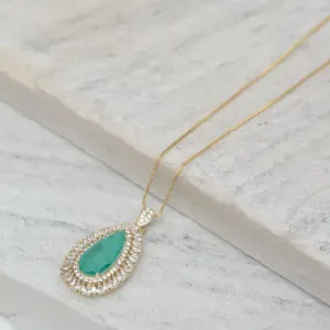 COLAR GOTA COM ZIRCÔNIAS E PEDRA VERDE TIFFANY M BANHO OURO 18K