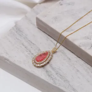 COLAR GOTA COM ZIRCÔNIAS E PEDRA GOIABA M BANHO OURO 18K