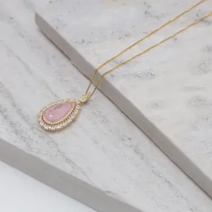 COLAR GOTA COM ZIRCÔNIAS E PEDRA ROSA CLARO M BANHO OURO 18K