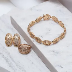 CONJUNTO BRINCO, ANEL E PULSEIRA AMENDOADOS BANHO OURO 18K