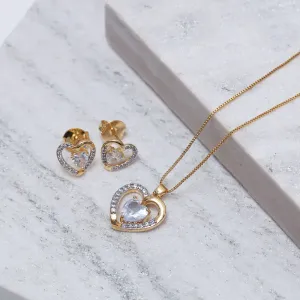 CONJUNTO CORAÇÃO DUPLO COM PEDRA CRISTAL BANHO OURO 18K