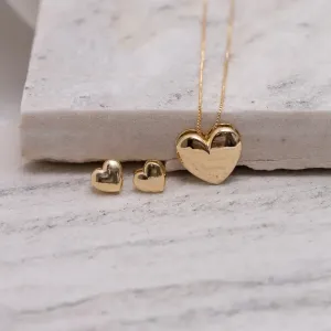 CONJUNTO CORAÇÃO LISO ABAULADO BANHO OURO 18K