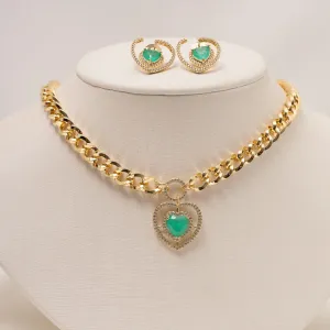 CONJUNTO CORAÇÃO ZIRCÔNIA VERDE BANHO OURO 18K