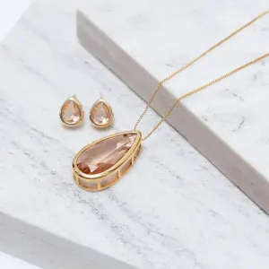 CONJUNTO GOTA GRANDE COM PEDRA COR PÊSSEGO BANHO OURO 18K