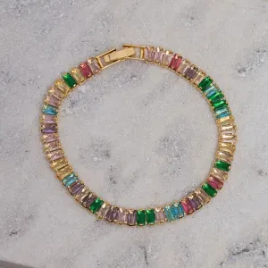 PULSEIRA RIVIERA COM ZIRCÔNIAS NAVETE COLORIDAS BANHO OURO 18K