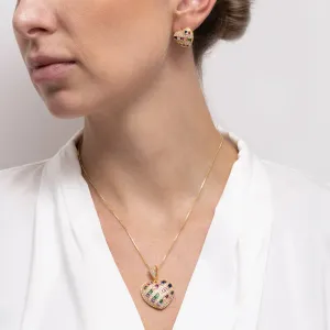 CONJUNTO CORAÇÃO COM ZIRCÔNIAS NAVETE COLORIDAS BANHO OURO 18K