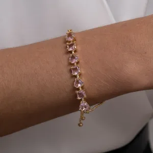PULSEIRA CORAÇÃO COM PEDRAS ROSA CLARO FECHO GRAVATINHA BANHO OURO 18K