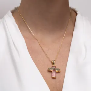 COLAR CRUZ COM PEDRA ROSA CLARO BANHO OURO 18K