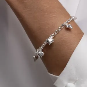 PULSEIRA ELO PORTUGUÊS COM PINGENTE CORAÇÃO BANHO PRATA