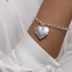 PULSEIRA ELO PORTUGUÊS COM PINGENTE CORAÇÃO BANHO PRATA