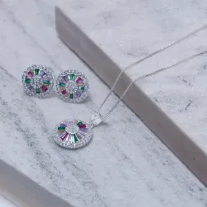 CONJUNTO PIZZA COM ZIRCÔNIAS COLORIDAS BANHO PRATA
