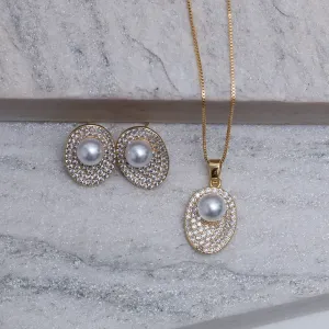 CONJUNTO CONCHA CRAVEJADA E PÉROLA BANHO OURO 18K