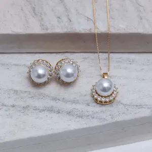 CONJUNTO PÉROLA G COM ZIRCÔNIAS BANHO OURO 18K