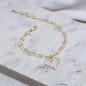 PULSEIRA CORRENTE DUPLA COM PÉROLAS E CORAÇÃO BANHO OURO 18K