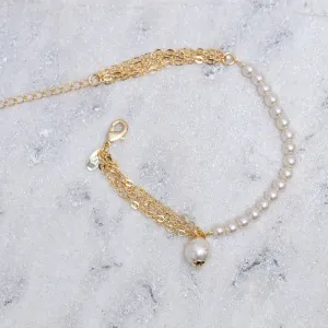PULSEIRA PÉROLAS E ELO PORTUGUÊS BANHO OURO 18K