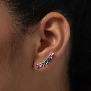 BRINCO EAR CUFF CORAÇÕES COLORIDOS BANHO PRATA