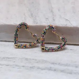 BRINCO ARGOLA CORAÇÃO COLORIDO E CRISTAL BANHO OURO 18K