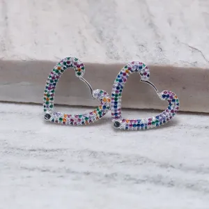 BRINCO ARGOLA CORAÇÃO COLORIDO E CRISTAL BANHO PRATA