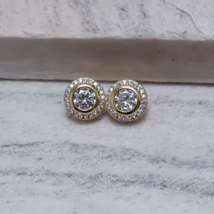 BRINCO BOTÃO PONTO DE LUZ CRISTAL BANHO OURO 18K