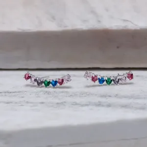 BRINCO EAR CUFF CORAÇÕES COLORIDOS BANHO PRATA