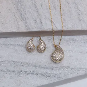 CONJUNTO GOTA ABAULADA CRAVEJADA BANHO OURO 18K