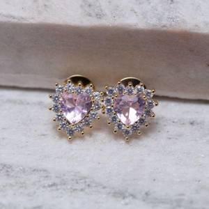 BRINCO CORAÇÃO G COM PEDRA ROSA CLARO BANHO OURO 18K