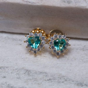 BRINCO CORAÇÃO P COM PEDRA VERDE TIFFANY BANHO OURO 18K