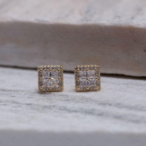 BRINCO QUADRADINHOS CRISTAIS BANHO OURO 18K