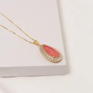 COLAR GOTA COM ZIRCÔNIAS E PEDRA SALMÃO G BANHO  OURO 18K