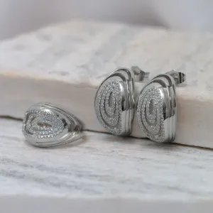 CONJUNTO ANEL E BRINCO CRAVEJADO COM ZIRCÔNIAS BANHO RÓDIO BRANCO