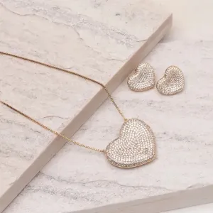 CONJUNTO CORAÇÃO CRAVEJADO COM ZIRCÔNIAS CRISTAIS BANHO OURO 18K