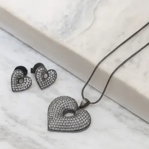 CONJUNTO CORAÇÃO CRAVEJADO COM ZIRCÔNIAS BANHO RÓDIO NEGRO