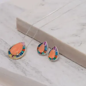 CONJUNTO ZIRCÔNIA COLORIDA GOTA SOLMÃO BANHO PRATA