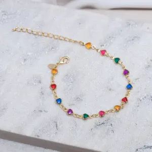 PULSEIRA CORAÇÕES COM PEDRAS COLORIDAS BANHO OURO 18K