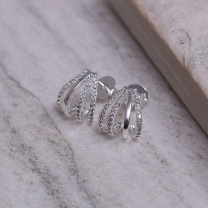 BRINCO MEIA ARGOLA QUATRO AROS LISO E COM ZIRCÔNIA BANHO PRATA