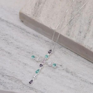 COLAR CRUZ COM ZIRCÔNIAS COLORIDAS BANHO PRATA