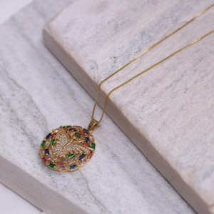 COLAR ESPÍRITO SANTO COM ZIRCÔNIAS NAVETE COLORIDO BANHO OURO 18K