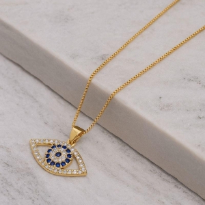 COLAR OLHO GREGO COM ZIRCÔNIAS AZUL ESCUROS BANHO OURO 18K
