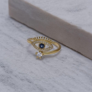 ANEL OLHO GREGO ZIRCÔNIA AZUL ESCURO BANHO OURO 18K