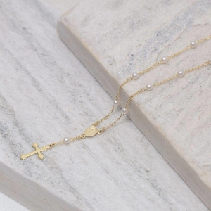 COLAR TERÇO TRADICIONAL COM PÉROLAS BANHO OURO 18K