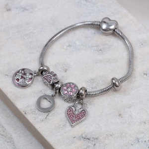 PULSEIRA 6 BERLOQUES COM ZIRCÔNIAS ROSA AÇO INOX