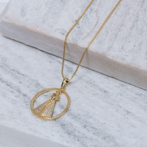 COLAR MEDALHA NOSSA SENHORA MANTO CRISTAL BANHO OURO 18K