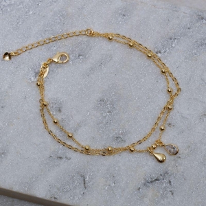 PULSEIRA DUPLA BOLINHAS E GOTA CRISTAL BANHO OURO 18K