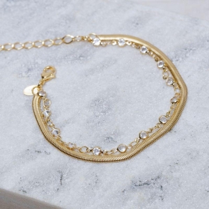 PULSEIRA DUPLA FIO ALEMÃO E CRISTAIS BANHO OURO 18K