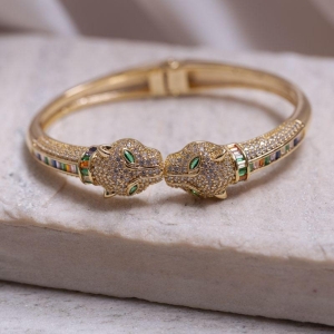 BRACELETE TIGRE COM ZIRCÔNIAS COLORIDAS BANHO OURO 18K