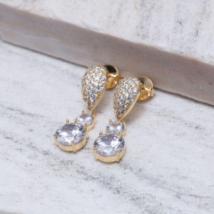 BRINCO GOTA CRAVEJADAS E COM CRISTAIS BANHO OURO 18K