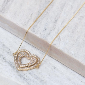 COLAR CORAÇÃO DUPLO CRAVEJADO BANHO OURO 18K