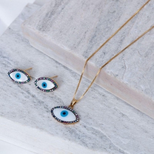 CONJUNTO OLHO GREGO ZIRCÔNIA COLORIDAS BANHO OURO 18K