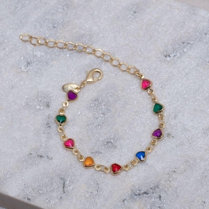 PULSEIRA INFANTIL CORAÇÕES COLORIDOS BANHO OURO 18K